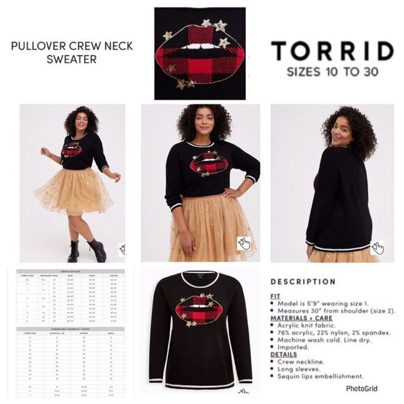 TORRID Sweater Size 2X Black Red Sequin Plaid Lips Crew Neck Pullover Festive - Picture 3 of 16